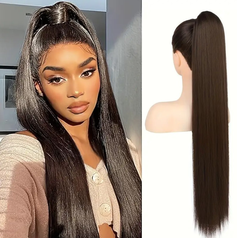 Хвіст накладний шиньйон прямий довгий шоколадний 91 см з фіксованою утяжкою термоволокно, фото 1