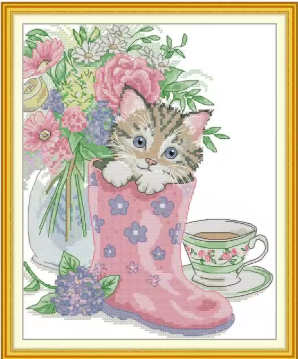 Набір для вишивання за нанесеною на канву схемою "Kitten in a Rainboot". AIDA 14CT printed , 28*33 см, фото 1