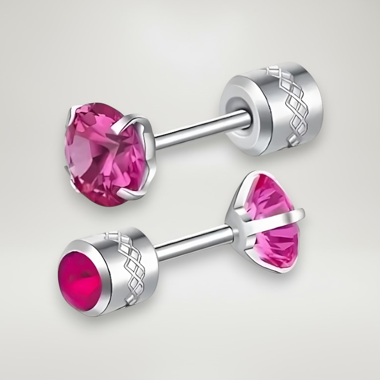 Сережки пусети сріблясті з нержавіючої сталі з червоним цирконом 8 мм AurumLux014, фото 1