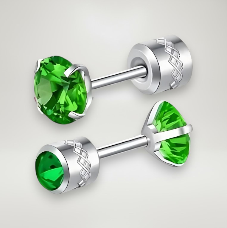 Сережки пусети сріблясті з нержавіючої сталі з зеленим цирконом 8 мм AurumLux014, фото 1