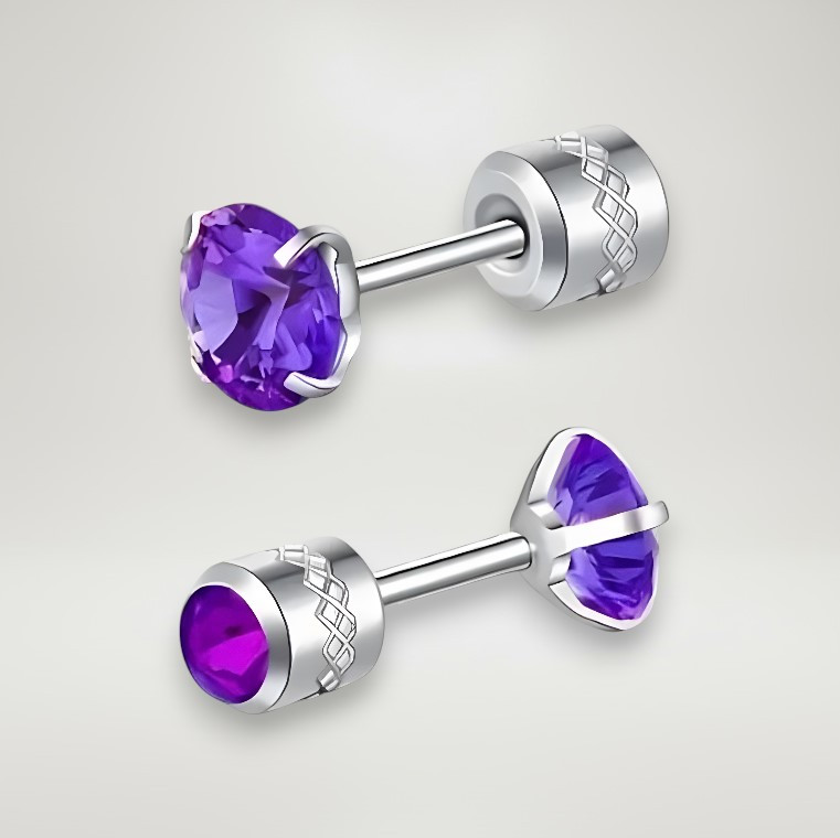 Сережки пусети сріблясті з нержавіючої сталі з фіолетовим цирконом 8 мм AurumLux014, фото 1