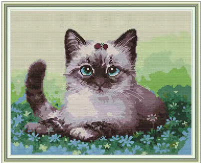 Набір для вишивання за нанесеною на канву схемою "Cat on the flowers".AIDA 14CT printed , 39*32 см, фото 1