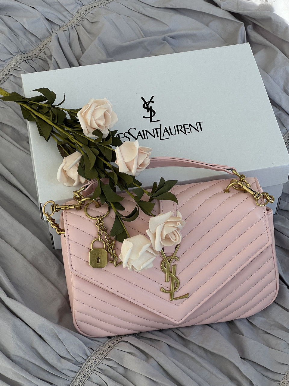 Жіноча сумка Saint Laurent College Medium In Quilted YSL Ів Сен Лоран рожевий клатч, фото 1