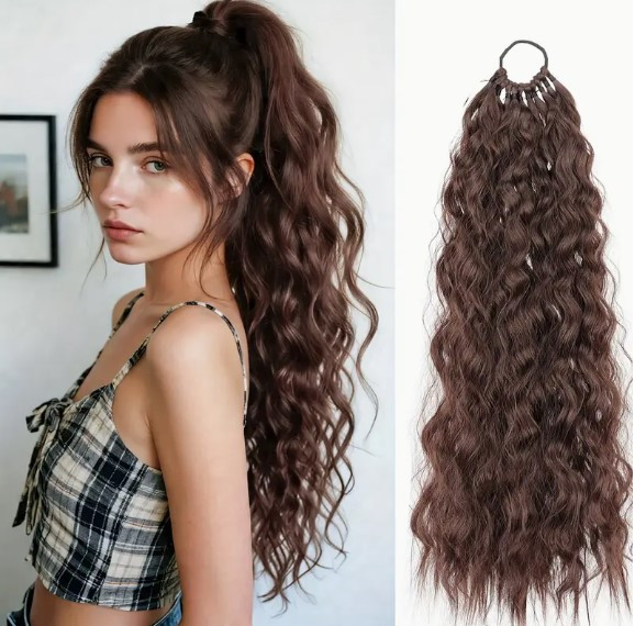 Накладний шиньйон хвилястий хвіст на гумці якісний та густий 61 см колір шоколад, фото 1