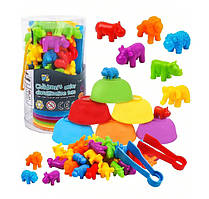 Дитяча розвиваюча гра сортування Монтесорі Дикі тварини сортер по кольорам з пінцетом та тарілочками (2188-18)