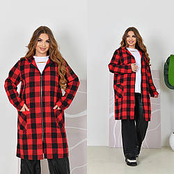 Стильний модний подовжений байковий кардиган в клітинку з капюшоном, батал великі розміри