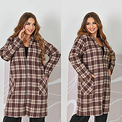 Стильний модний подовжений байковий кардиган в клітинку з капюшоном, батал великі розміри