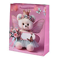 Подарунковий пакет для дівчинки з ручками Stenson Teddy 26х32х12см, принт ведмедик Рожевий (R98406-M)