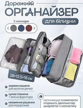 Дорожній органайзер для спідньої білизни, органайзер для поїздок захищає від води, пилу бруду та запахів сірий
