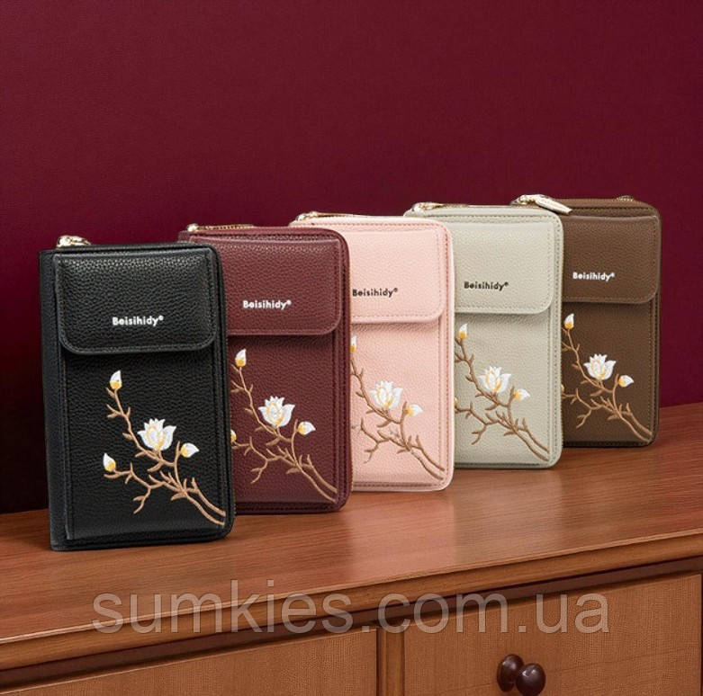 Жіноча міні клатч сумочка з квітами вишивка для телефону, маленька сумка гаманець на плече з квіточками, фото 1