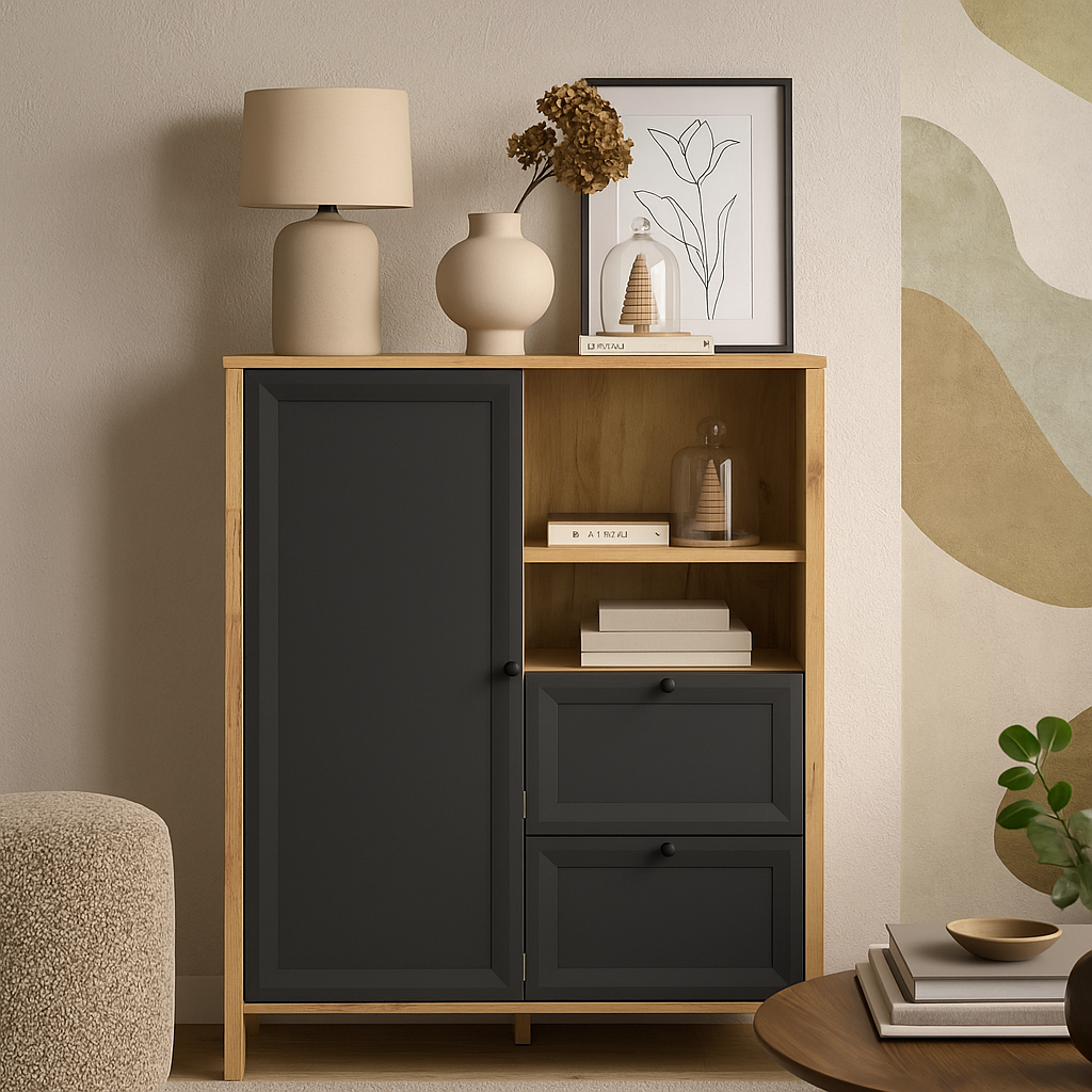 Сучасний комод висота 120 см з шухлядами та полицями на ніжках у стилі модерн у вітальню зал Брент ВМВ Холдинг