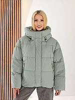 Куртка жіноча зимова світло-зелена з капюшоном і високою стійкою з поліестеру з утеплювачем біопух, Розмір
