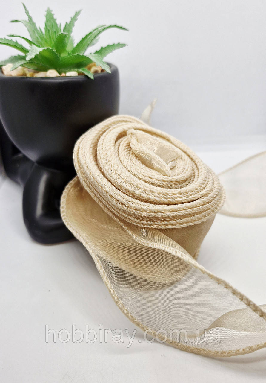 Стрічка органза з прошитим кантом. 4,3 см. 1 м. Колір капучино., фото 1
