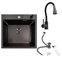 Кухонний комплект: Мийка Valeso Handmade (50x50 см) PVD чорна + Змішувач NES-F12