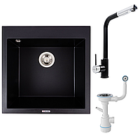 Комплект: Мийка гранітна 5050 GALAX VALESO + Змішувач Q411MB + Сифон