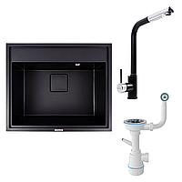 Комплект: Мийка гранітна 6050 SHERLIT VALESO + Змішувач Q411MB + Сифон (Чорний)