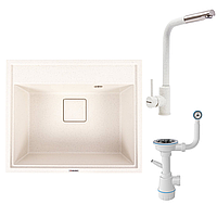 Комплект: Мийка гранітна 6050 SHERLIT VALESO + Змішувач Q411B + Сифон (Білий в крапку)