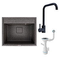 Комплект: Мийка гранітна 6050 SHERLIT VALESO + Змішувач NS02A + Сифон (Графіт)