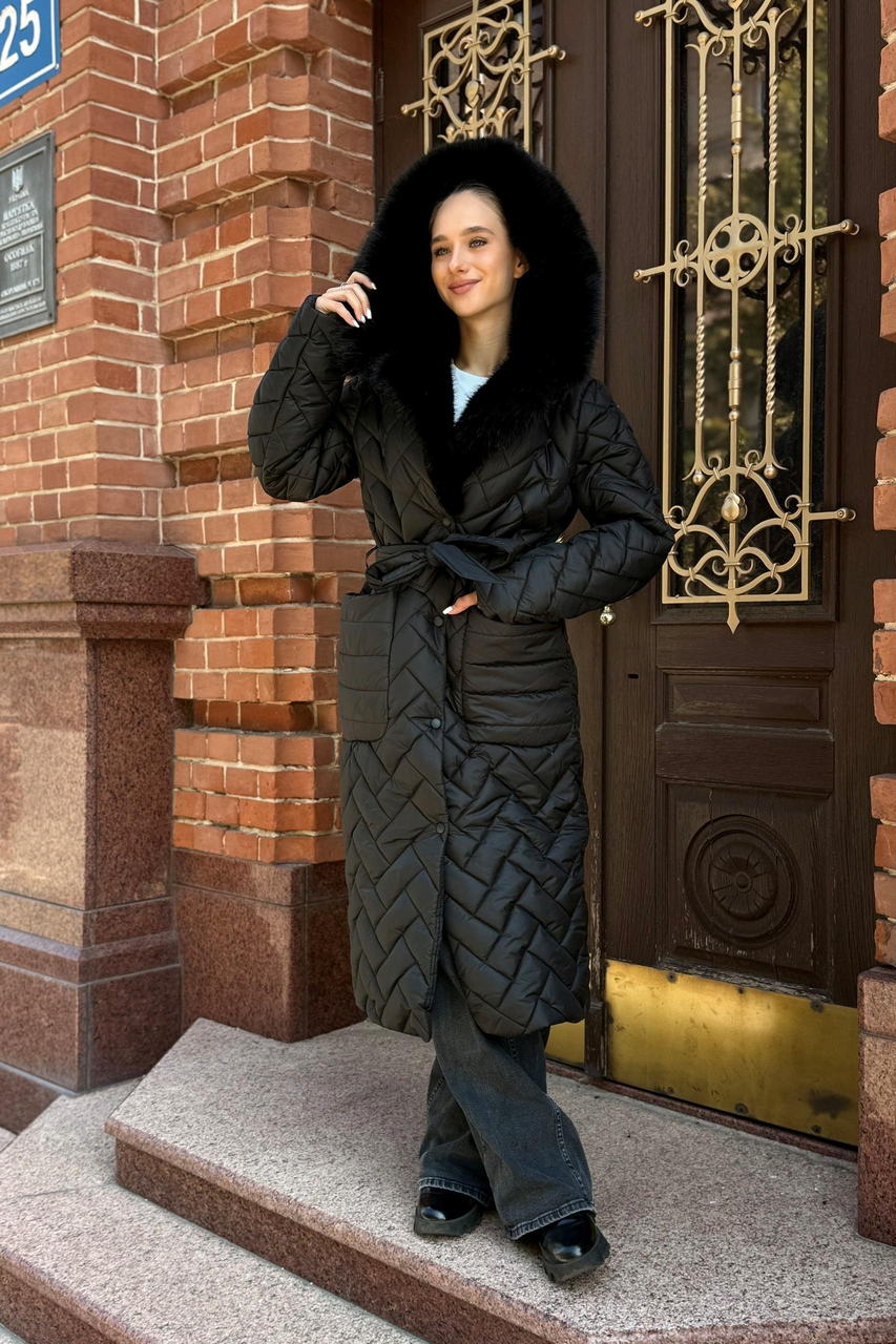 Жіноче зимове пальто з водовідштовхувальної плащової тканини з капюшоном ПВ-389 чорний+чорний, фото 1