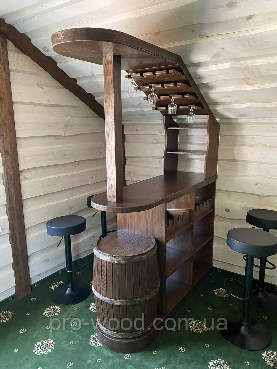 Барна стійка з дерева домашня з декоративною бочкою, фото 1