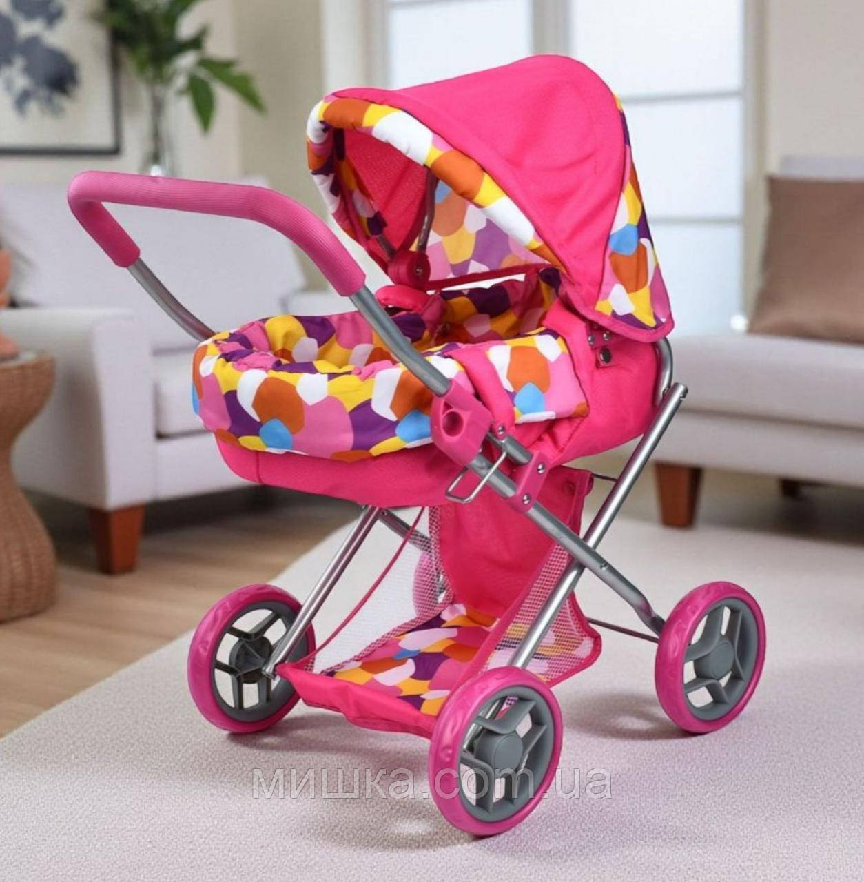 Коляска класична для ляльки 9369, металеві, висота до ручки - 54 см, рожева з люлькою, фото 1