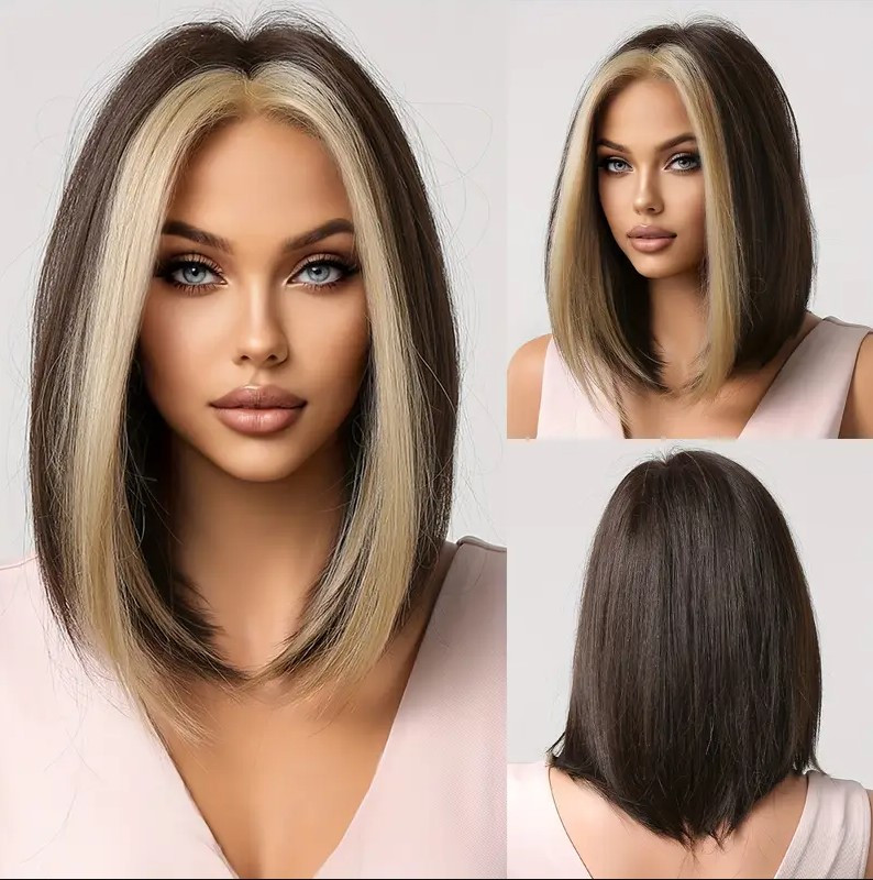 Перука подовжене каре колір кави з висвітленими пасмами – термоволокно 36 см, фото 1