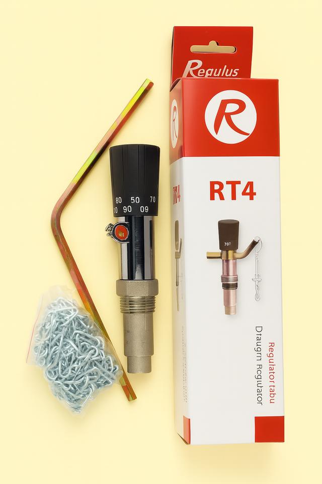 Механічний регулятор тяги Regulus RT-4 для твердопаливних котлів на світло-жовтому фоні