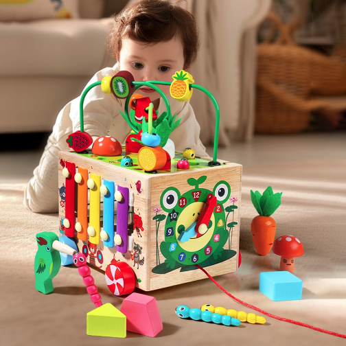 Куб логічний ігровий центр для дітей 9в1 Каталка шестерні сортер ксилофон годинник лабіринт грядки черв'ячки англ, фото 1