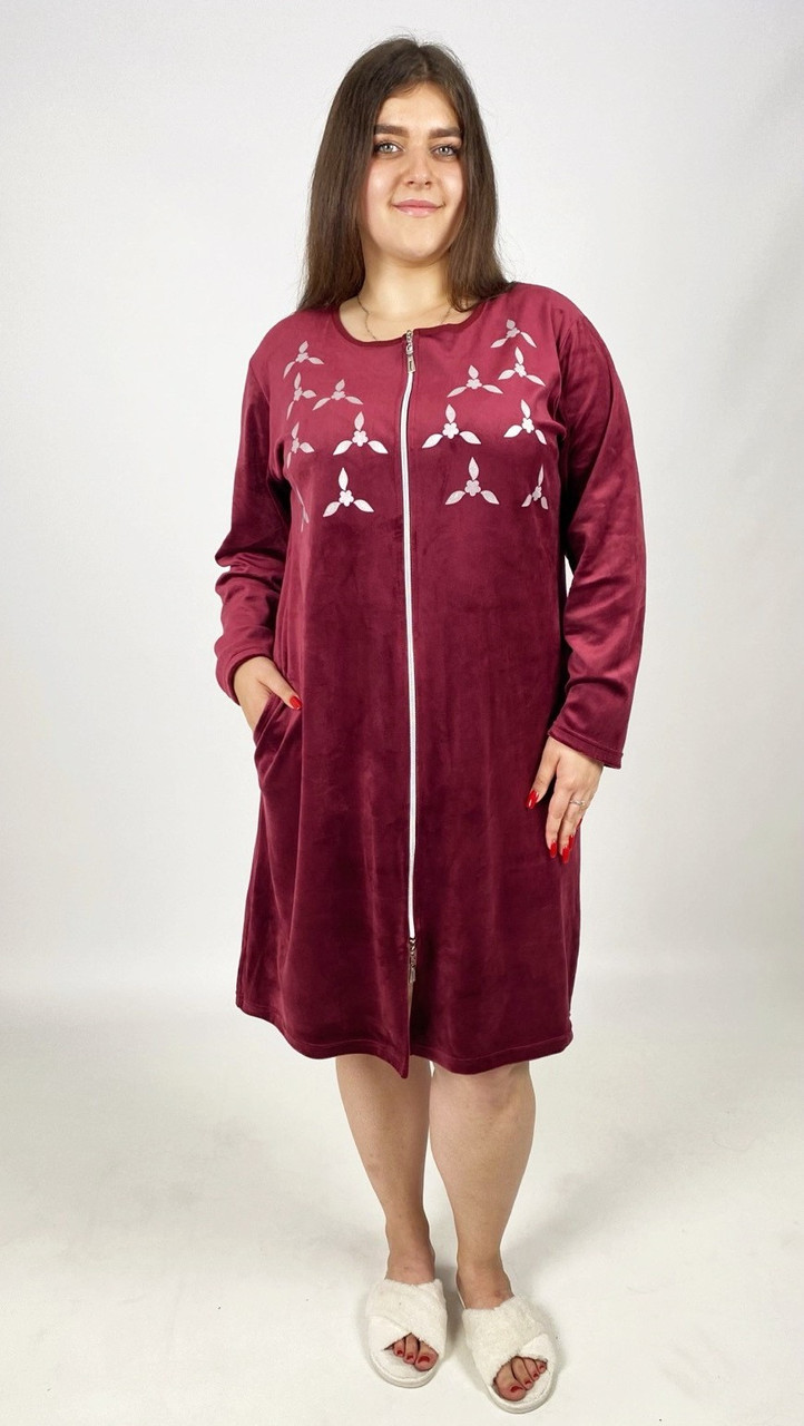 Халат велюровий домашній жіночий бордовий батал на блискавці з кишенями 48-62р.