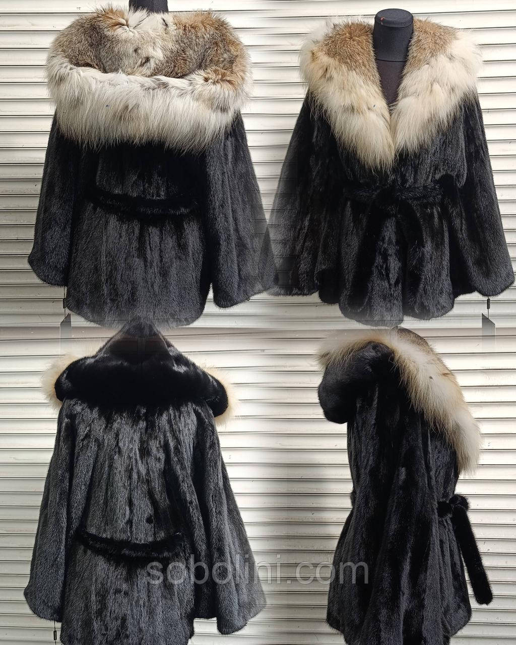 Шубка з хутра норочки Nafa🖤під пояс, капюшон Lynx, фото 1