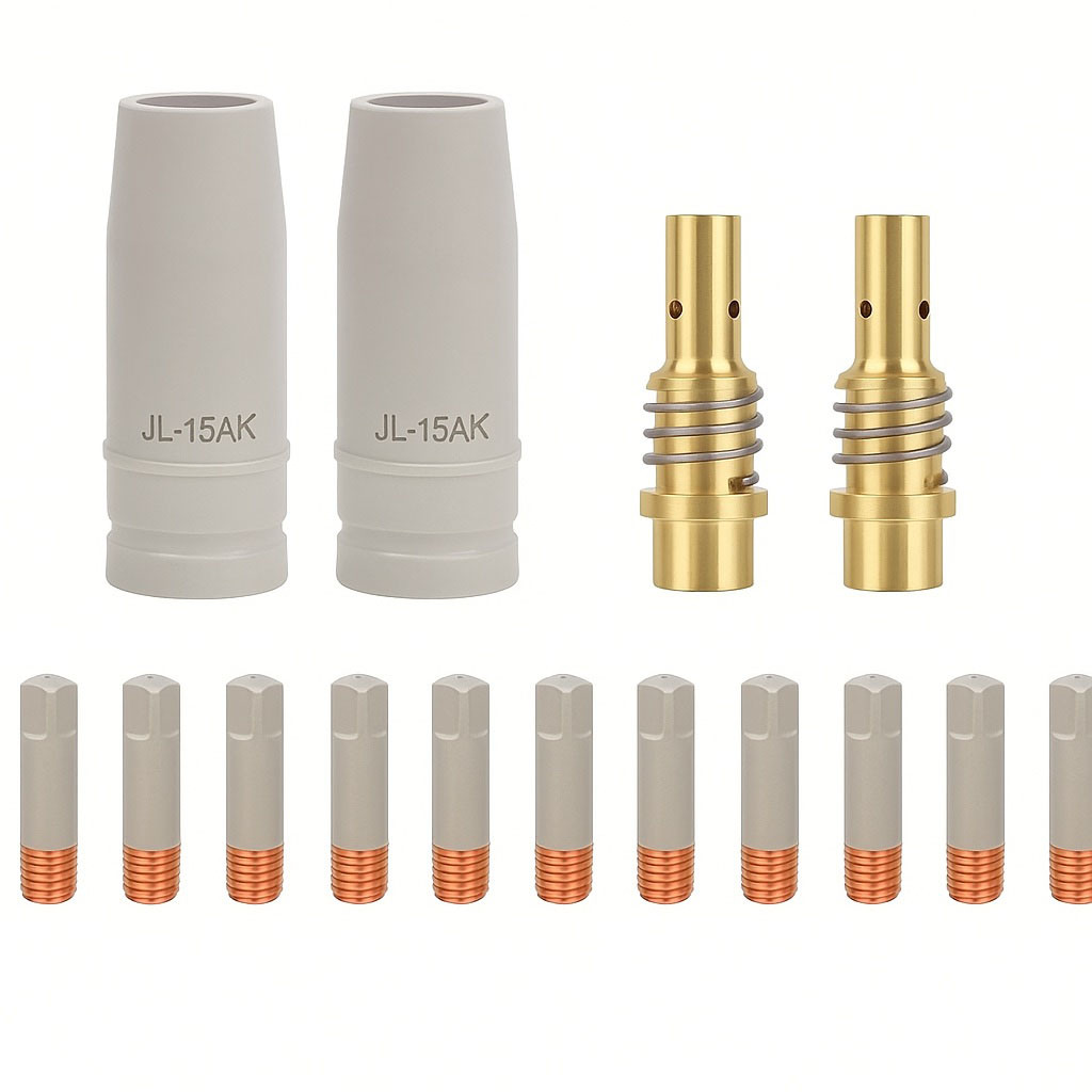 Комплект витратників MIG/MAG MB-15 | 2 сопла з керамічним покриттям + 2 розпилювачі газу + 10 наконечників, фото 1