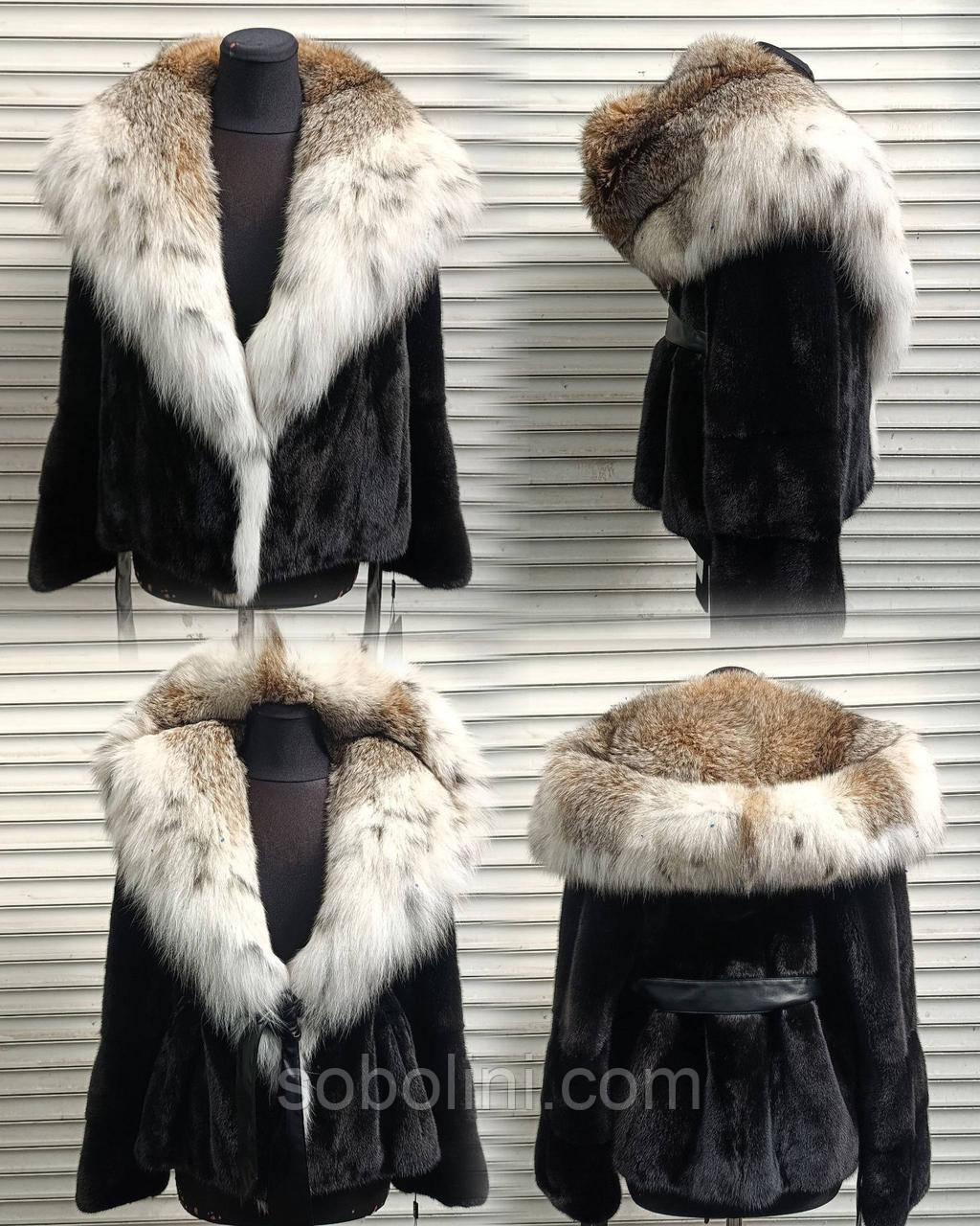 Шубка з хутра норочки Nafa🖤під пояс, капюшон Lynx, фото 1