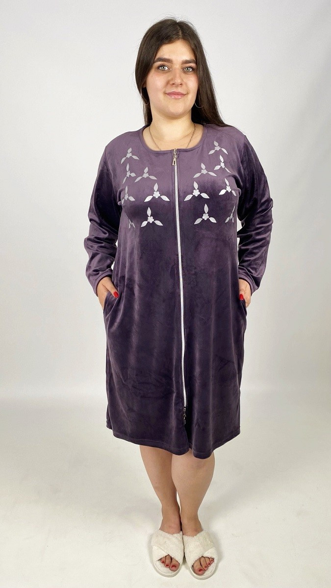 Халат велюровий домашній жіночий батал на блискавці з кишенями баклажанний 48-62р.