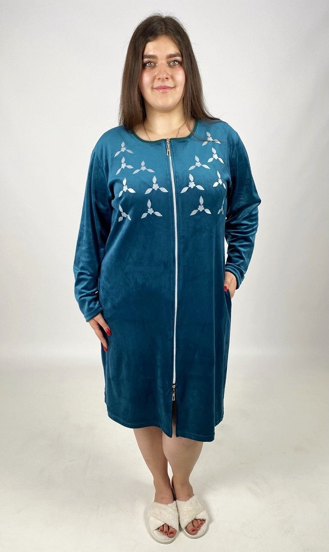 Халат велюровий домашній жіночий батал на блискавці з кишенями смарагд 48-62р.