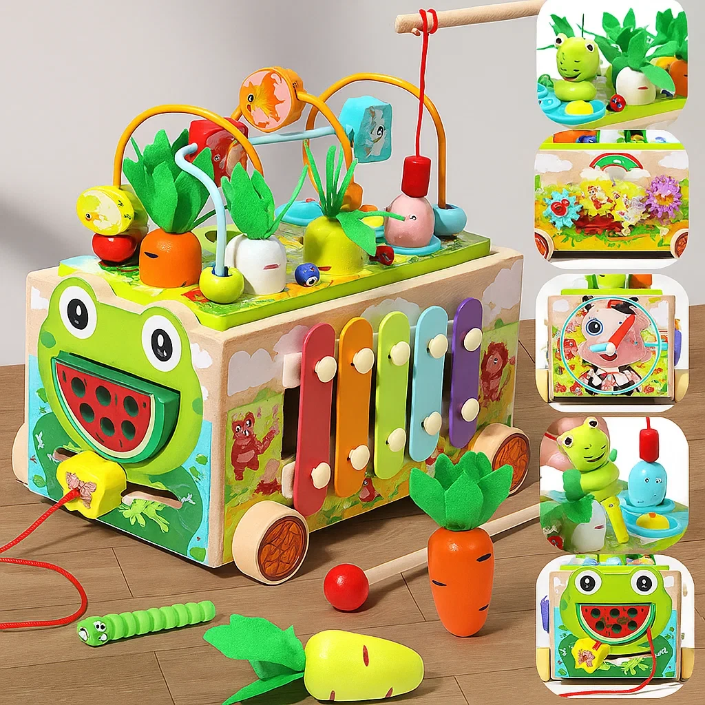 Розвиваюча іграшка машинка-каталка для дітей 6в1 Ксилофон магнітна риболовля сортер пальчикова гра і годинник, фото 1