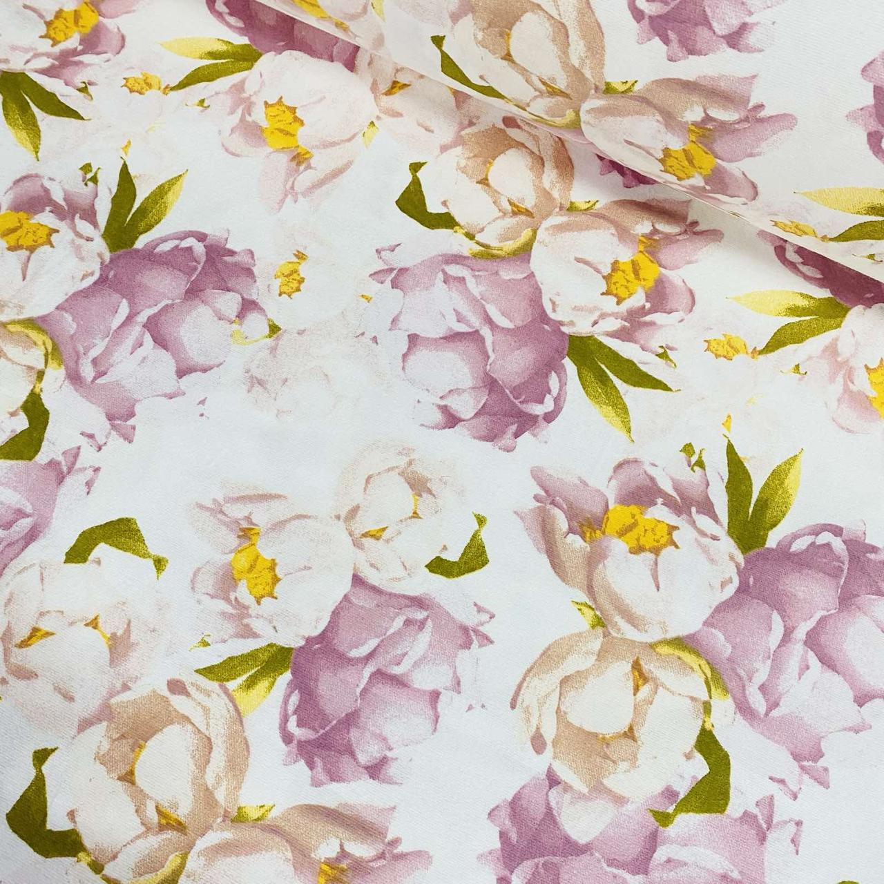 Фланелева тканина, великі пудрово-рожеві квіти на білому (шир. 2,4 м) (FL-N-0006), фото 1