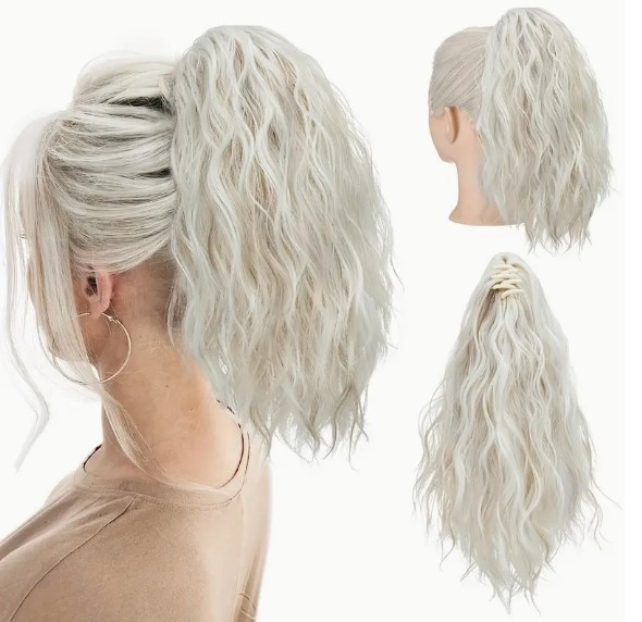 Шиньйон хвіст на крабі Скандинавський білий з міллеруванням 35,5 см термовлокно, фото 1