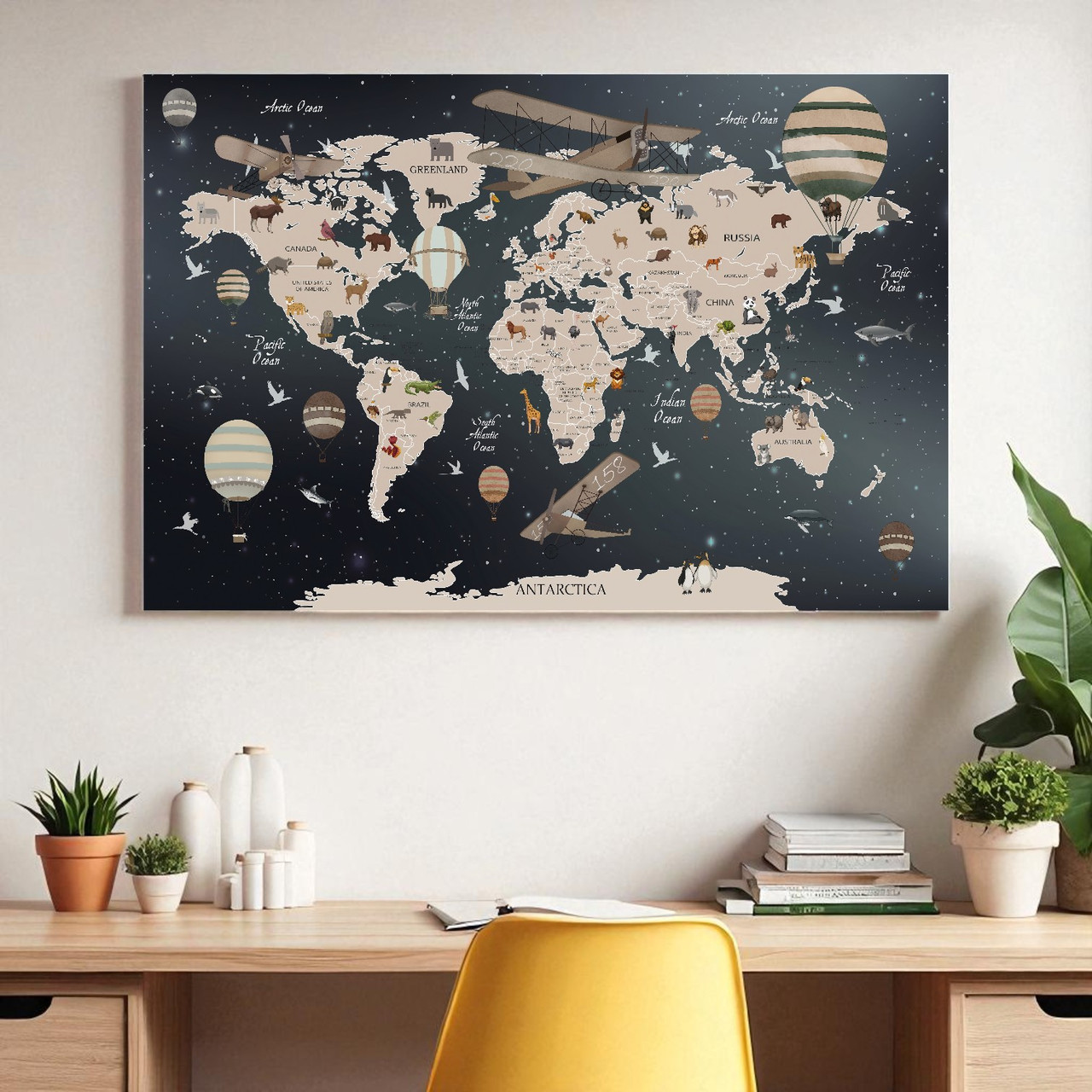 Дитяча картина Карта світу з тваринами для дітей Англійською Настінний декор для дитячої кімнати 60х40см, фото 1