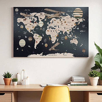 Дитяча картина Карта світу з тваринами для дітей Англійською Настінний декор для дитячої кімнати 60х40см