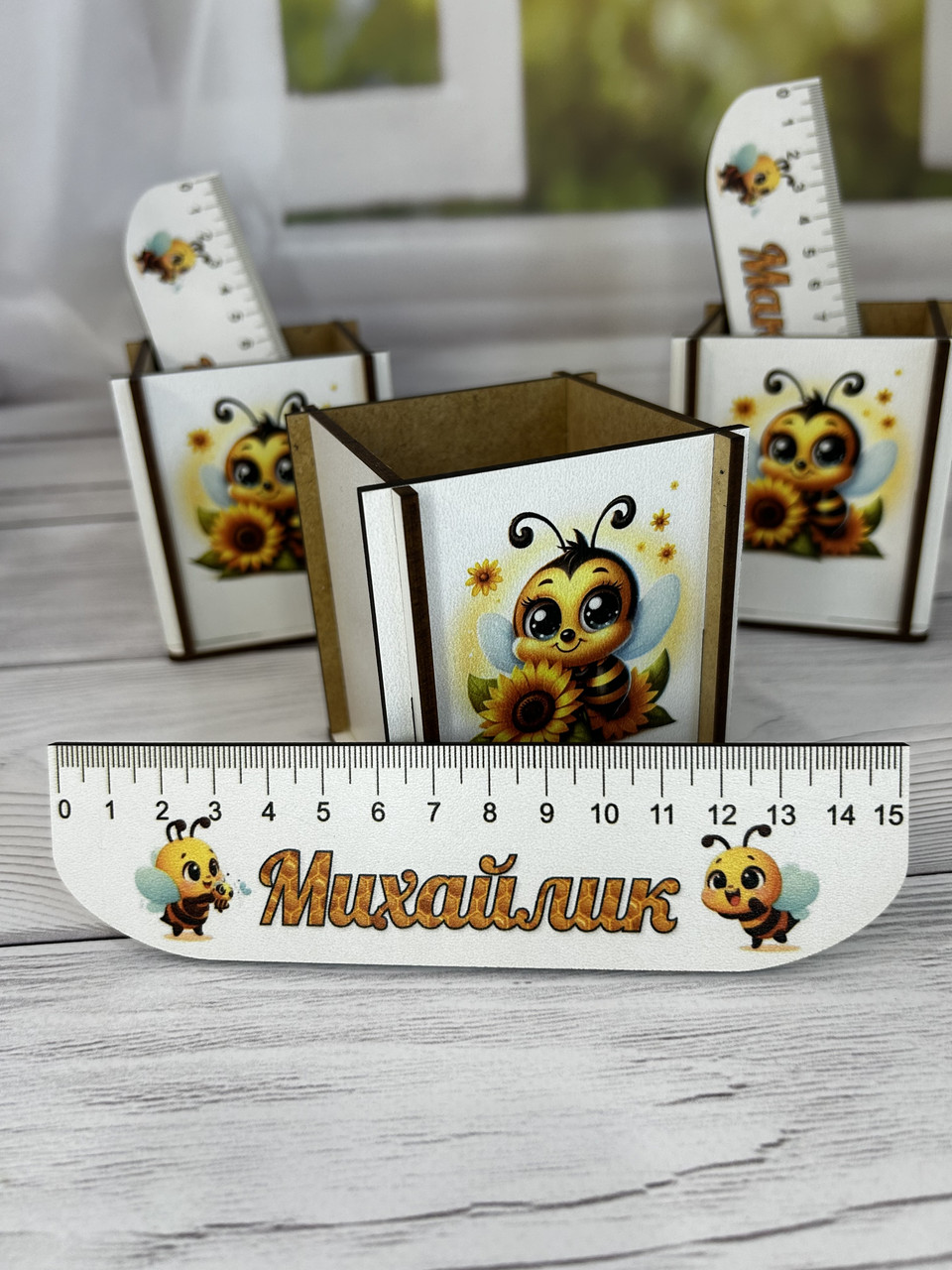 Підставка для ручок + лінійка. Подарунок школяру. Набір для першокласника, фото 1