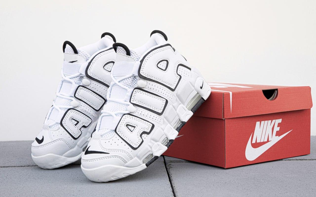Жіночі кросівки Air Max Uptempo White Білі з чорним Високі кеди Найк Аір Аптемпо шкіряні демісезон, фото 1