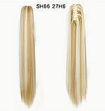 Накладний рівний хвіст-шиньйон на крабі – медовий блонд з меліруванням, 55 см термоволокно, фото 5