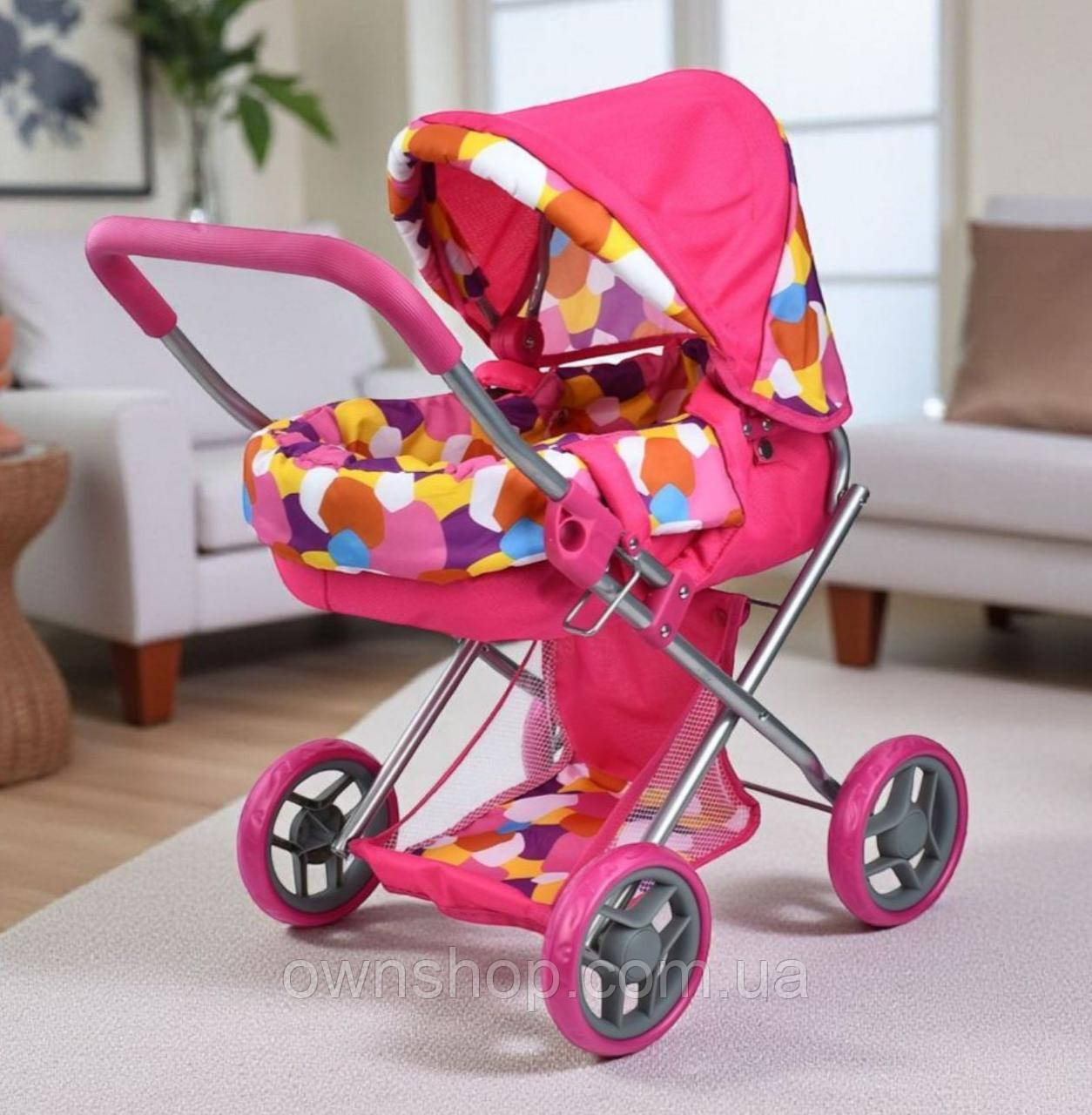 Коляска класична для ляльки 9369, металеві, висота до ручки - 54 см, рожева з люлькою, фото 1
