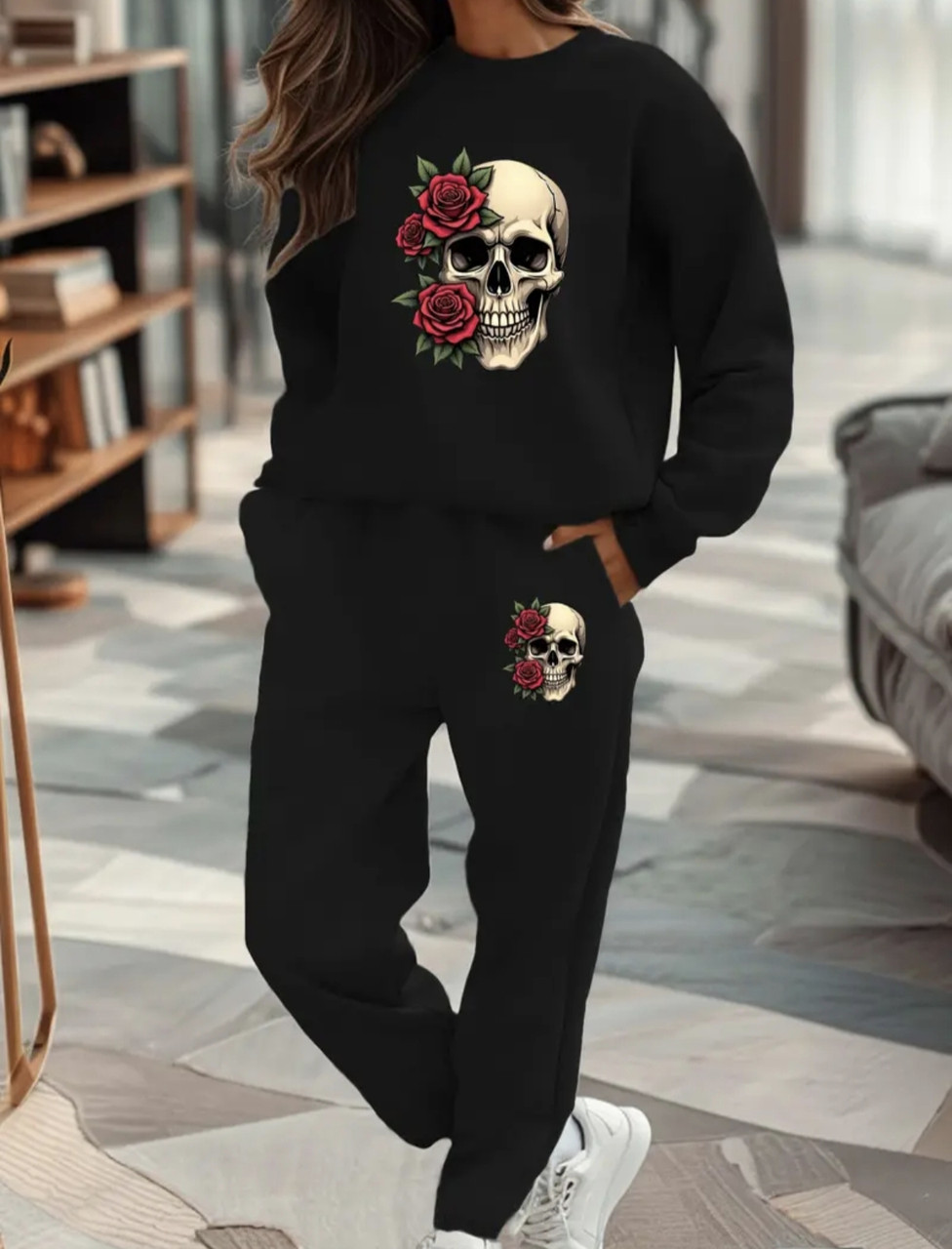 Теплий жіночий костюм з принтом" Череп з трояндами", фото 1