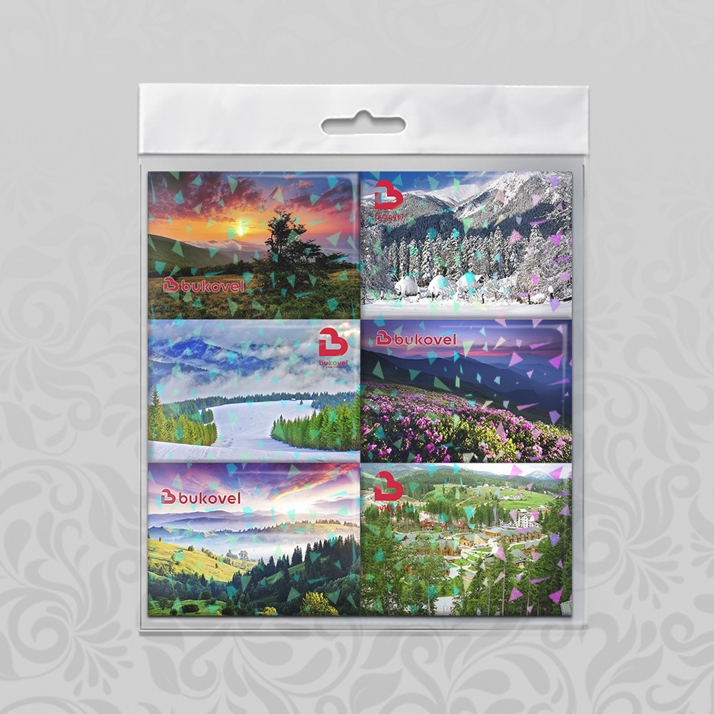 Набір магнітів А8 на картоні 6 штук Буковель в асортименті Голографія скло, фото 1