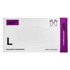 SEF Рукавички вінілові нестерильні неприпудрені гладкі прозорі,роз. L (100шт/уп) Арт.259103