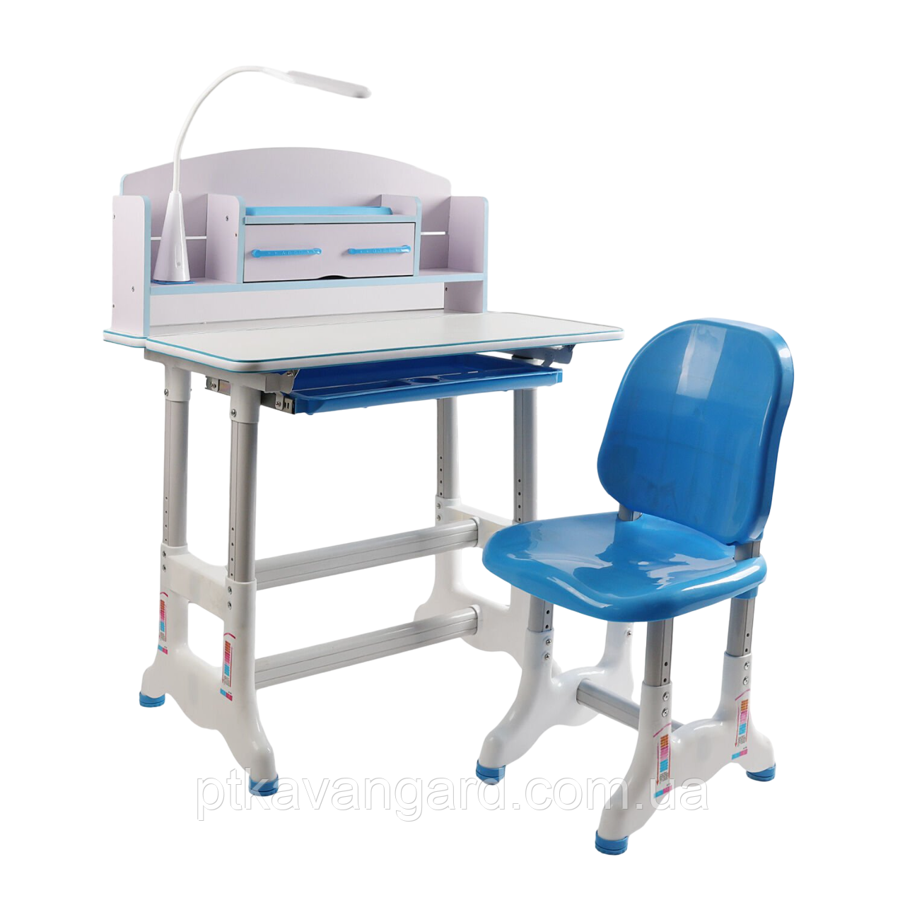 Парта шкільна дитяча зі стільчиком та настільною лампою BL-14194 з полицями / Комплект зростаюча парта, синій, фото 1