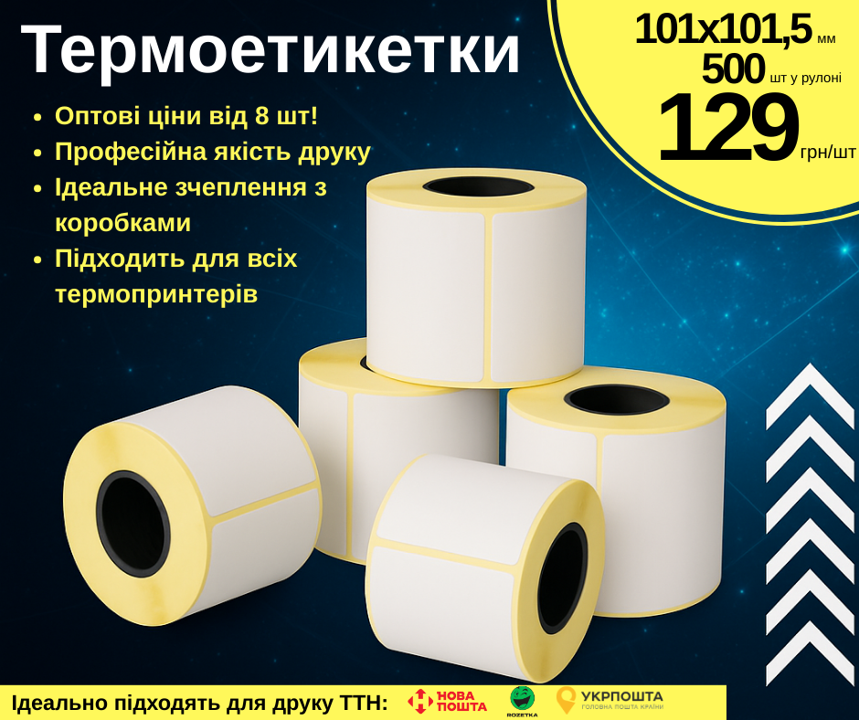 Термоетикетки для друку ТТН, 101x101,5 мм, 500 наклейок у рулоні