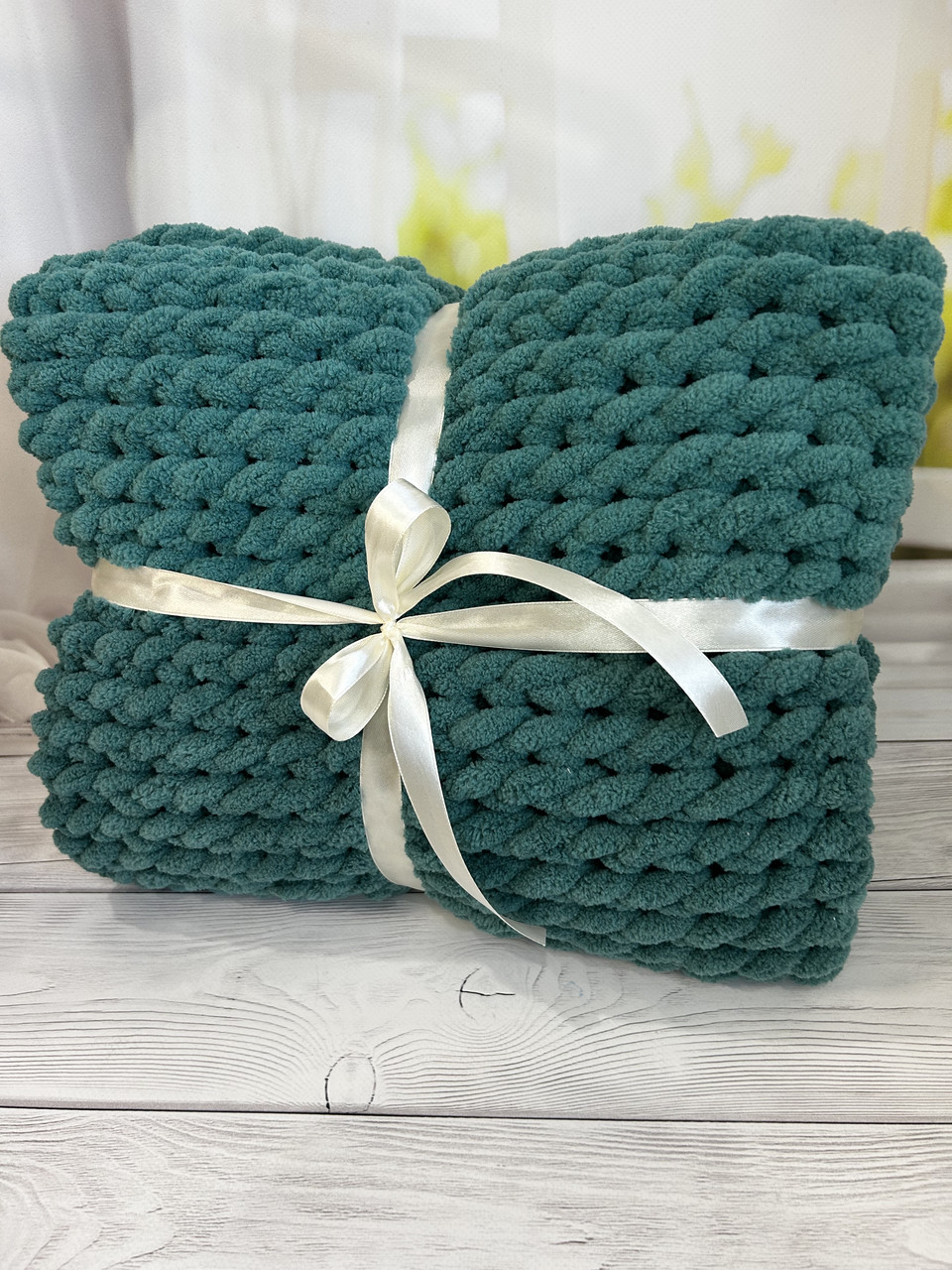 В'язаний плюшевий плед ручної роботи, 90*120см, смарагдовий, фото 1