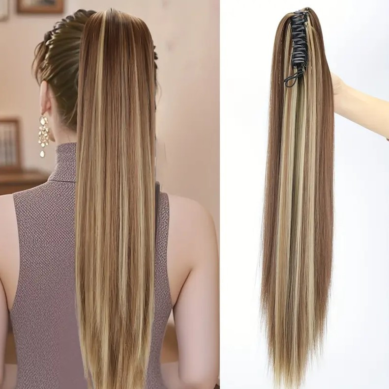 Накладний рівний хвіст-шиньйон на крабі – русявий з меліруванням, 55 см термоволокно, фото 1